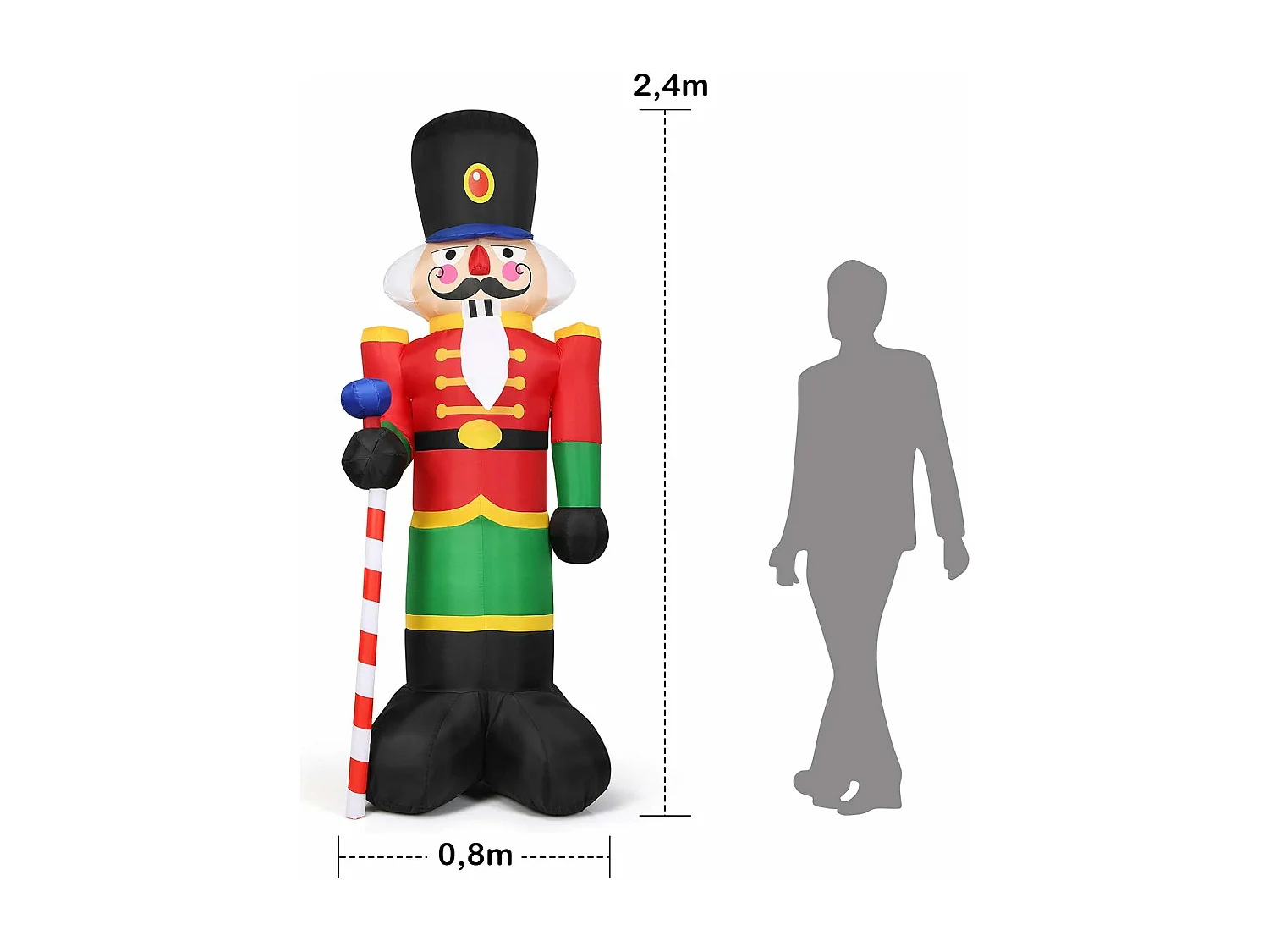 Décoration de noël casse-noisette gonflable 2,4m avec 3 lumières canne sucre d'orge