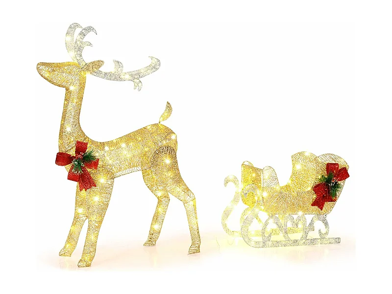 Décoration de noël avec 100 lumières blanches chaudes, renne lumineux avec traîneau