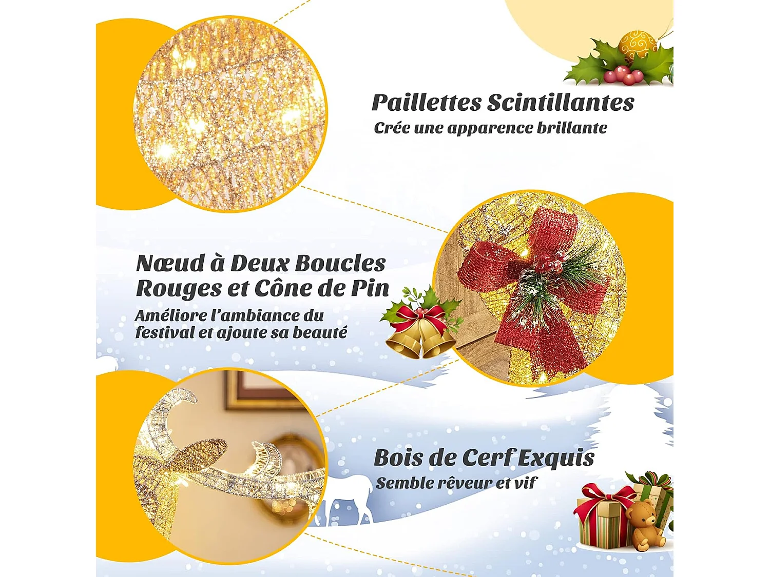 Décoration de noël avec 100 lumières blanches chaudes, renne lumineux avec traîneau