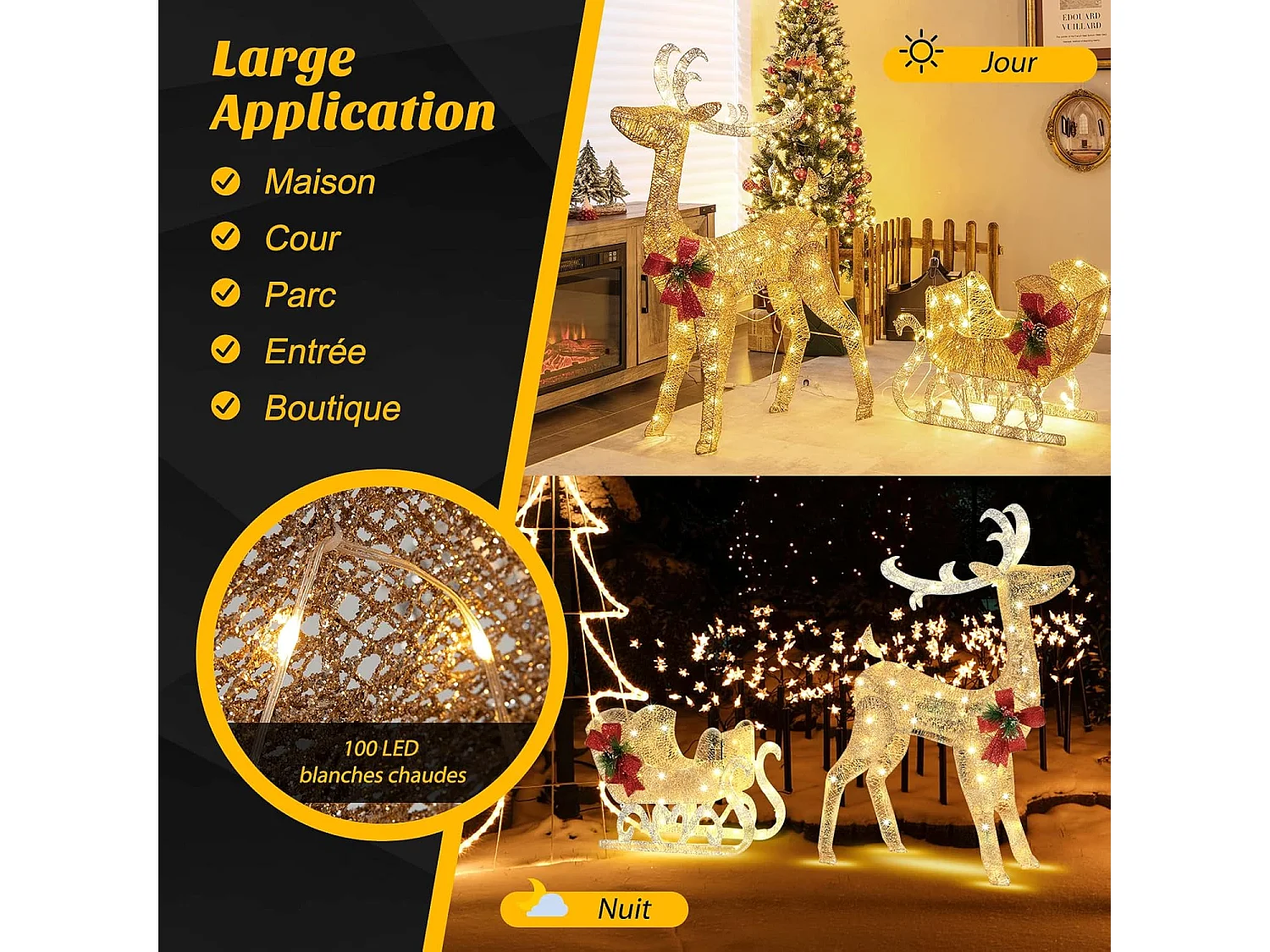 Décoration de noël avec 100 lumières blanches chaudes, renne lumineux avec traîneau