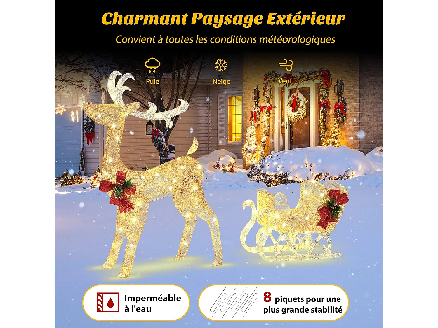 Décoration de noël avec 100 lumières blanches chaudes, renne lumineux avec traîneau