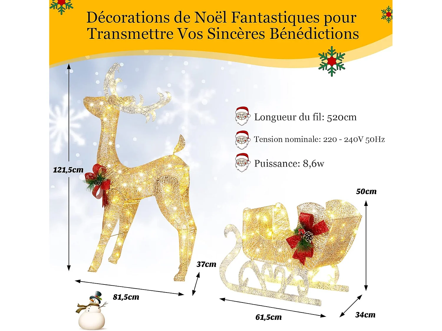 Décoration de noël avec 100 lumières blanches chaudes, renne lumineux avec traîneau