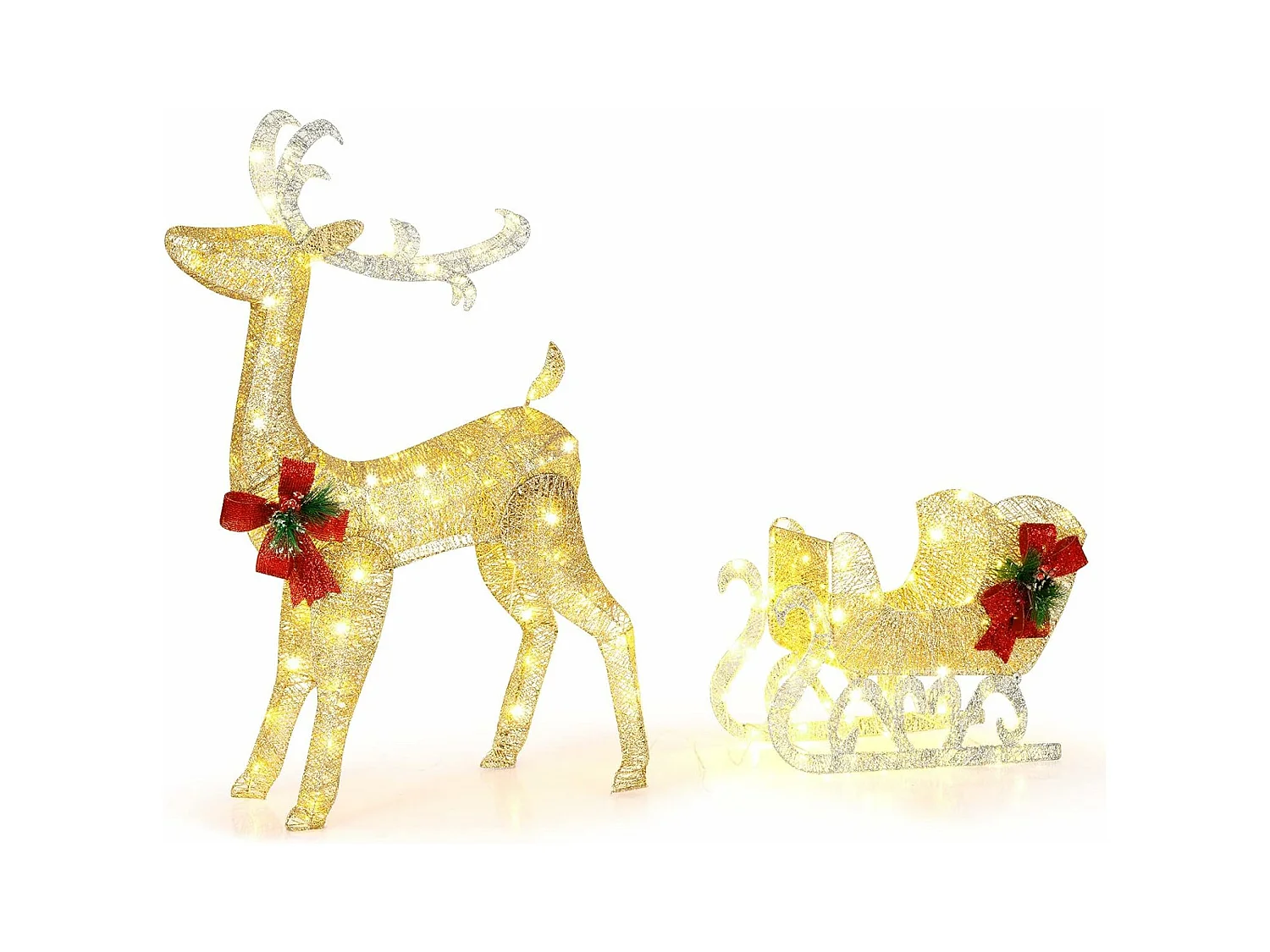 Décoration de noël avec 100 lumières blanches chaudes, renne lumineux avec traîneau