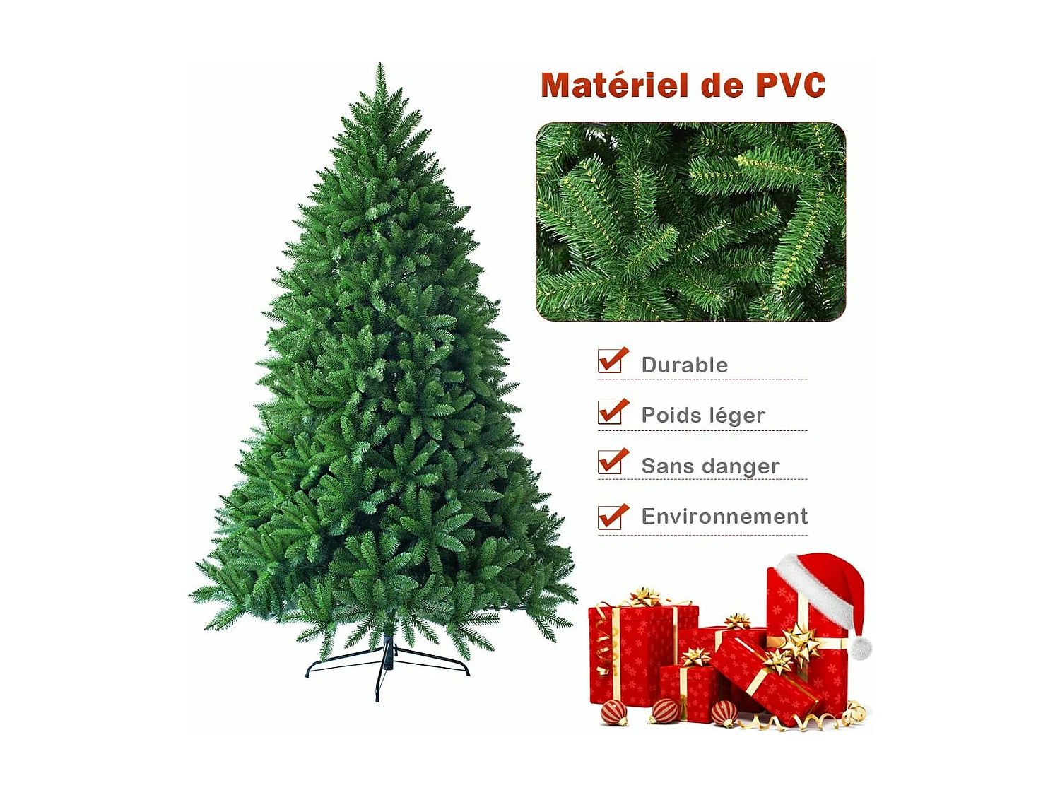 Sapin de noël artificiel 180 cm, 1250 branches, matériel pvc arbre de noël avec socle