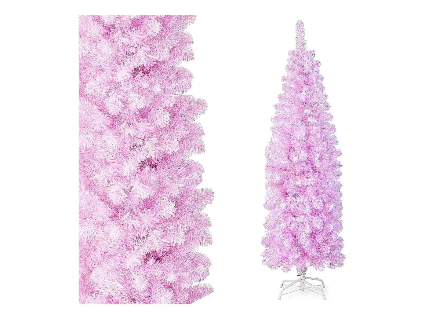 Sapin de noël artificiel pré-éclairé de 180 cm, support en métal pliable, rose