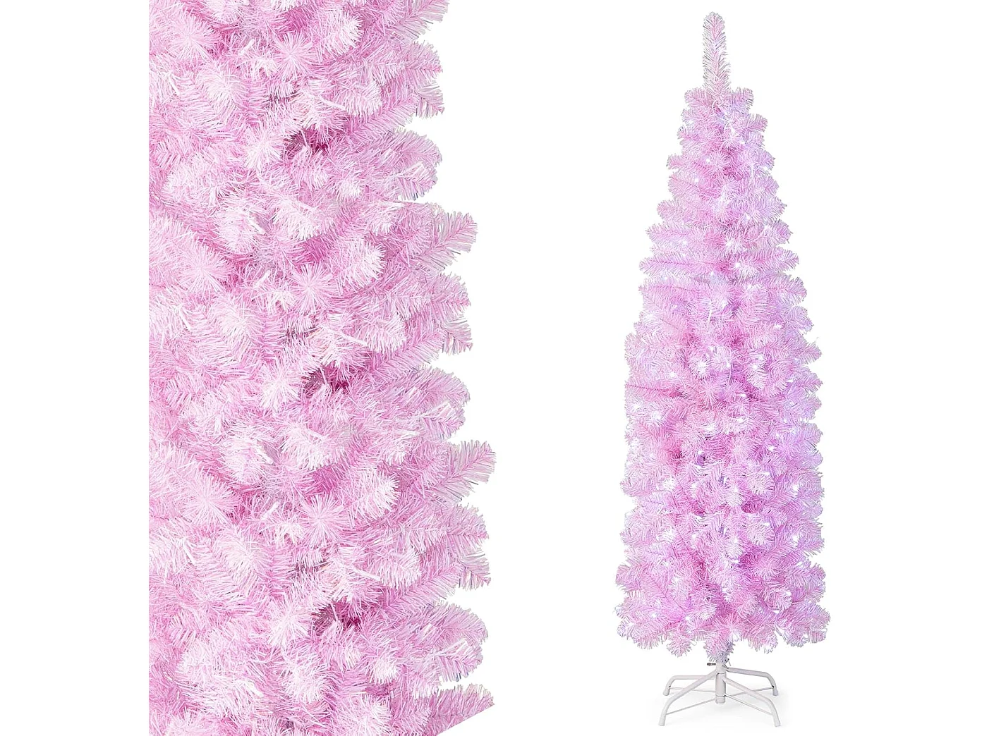 Sapin de noël artificiel pré-éclairé de 180 cm, support en métal pliable, rose