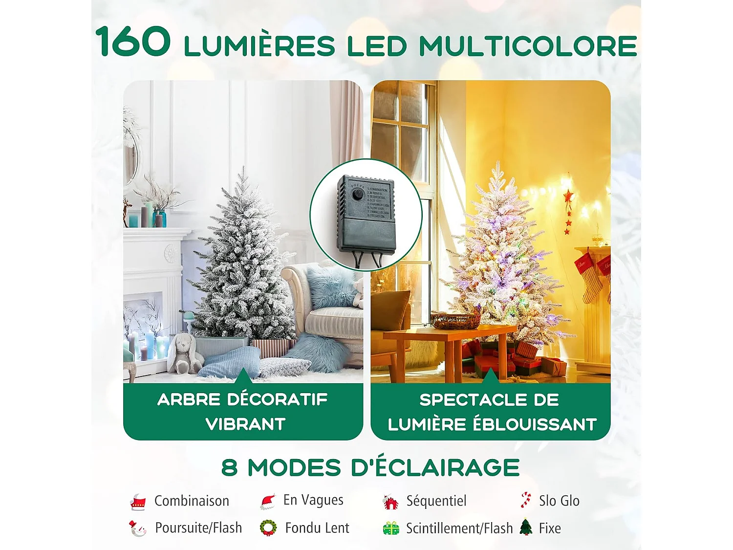 Sapin de noël 147 cm, 8 modes d'eclairage, led multicolores, 436 branches articulées
