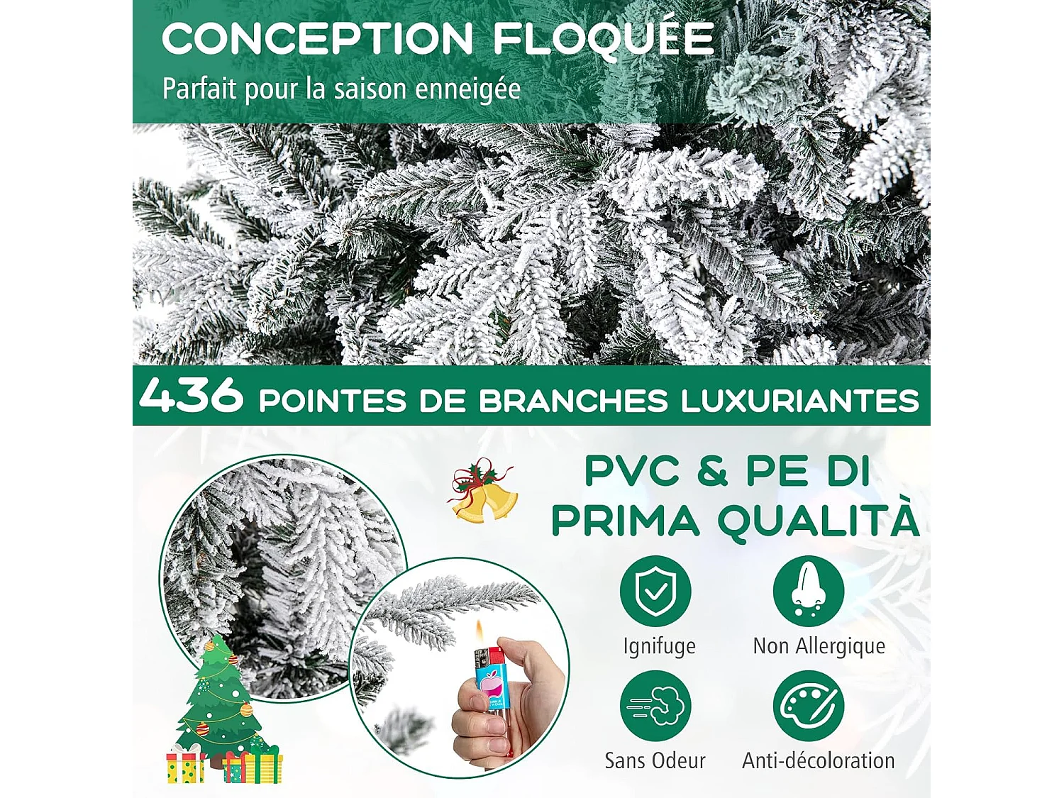 Sapin de noël 147 cm, 8 modes d'eclairage, led multicolores, 436 branches articulées