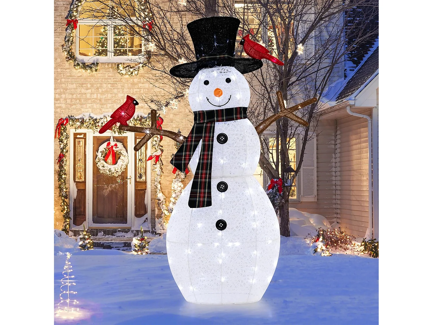 Bonhomme de neige de noël et oiseau rouge artificiel illuminé de 127cm, 70 lumières led