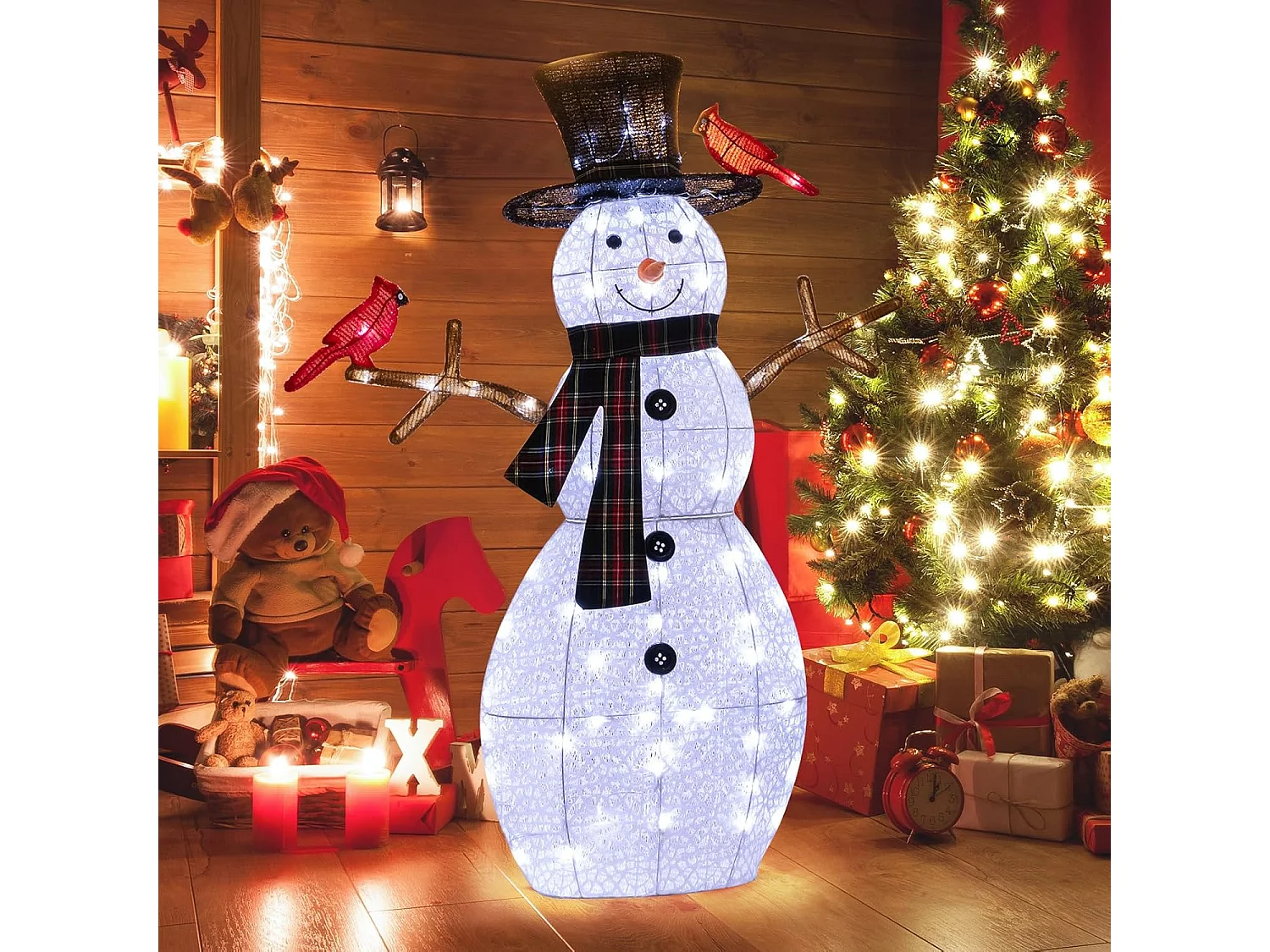 Bonhomme de neige de noël et oiseau rouge artificiel illuminé de 127cm, 70 lumières led