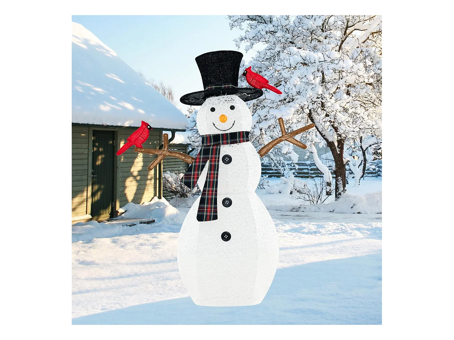Bonhomme de neige de noël et oiseau rouge artificiel illuminé de 127cm, 70 lumières led