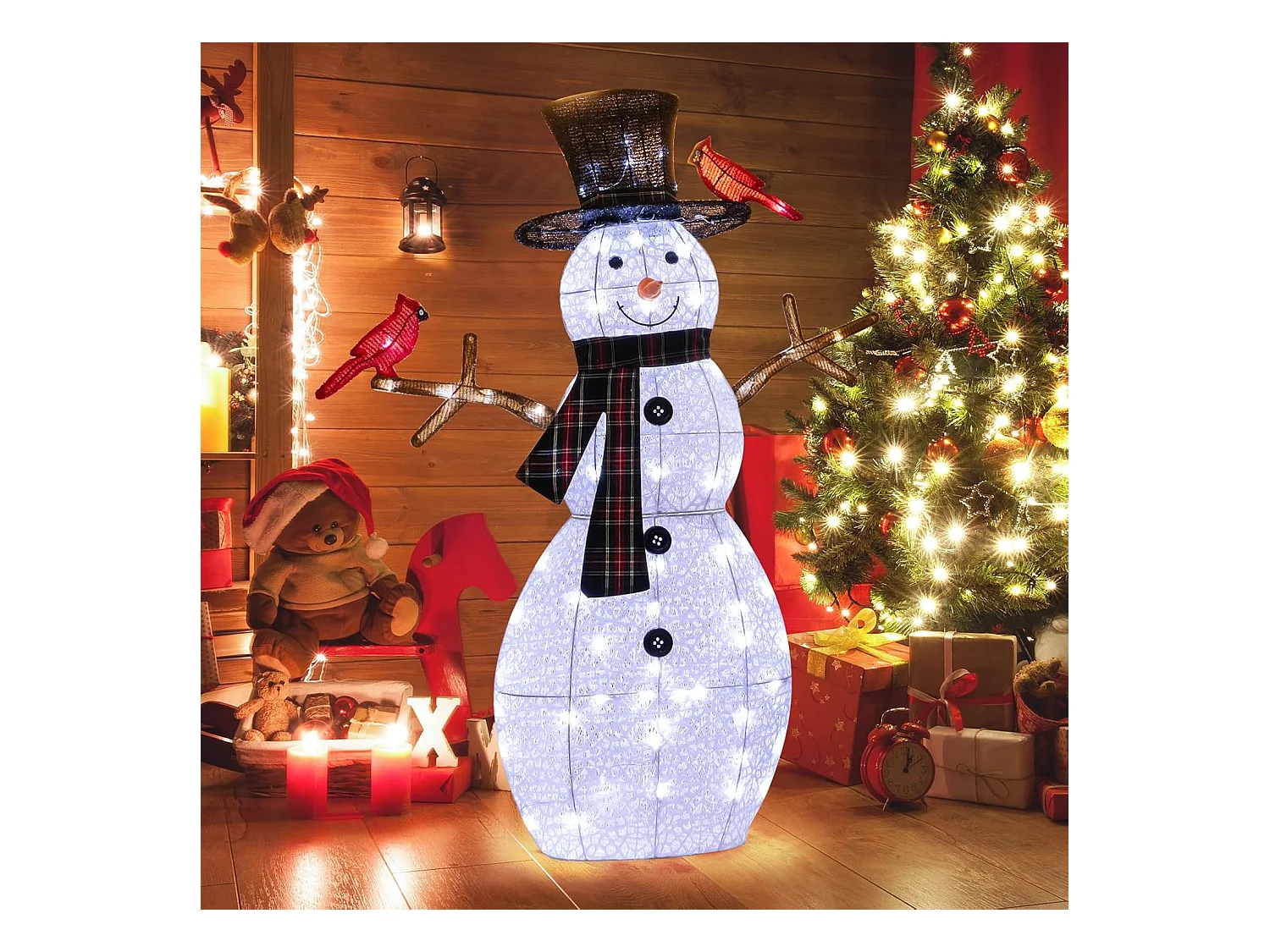 Bonhomme de neige de noël et oiseau rouge artificiel illuminé de 127cm, 70 lumières led