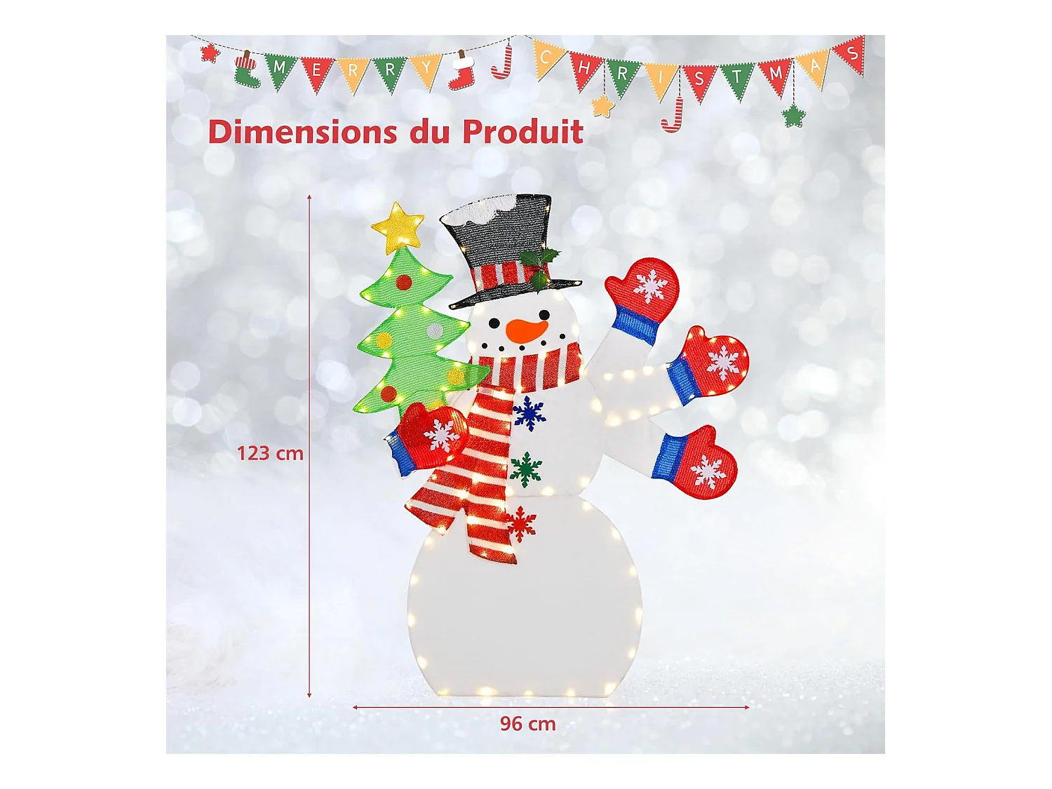 Bonhomme de neige de noël et oiseau rouge artificiel illuminé de 127cm, 70 lumières led