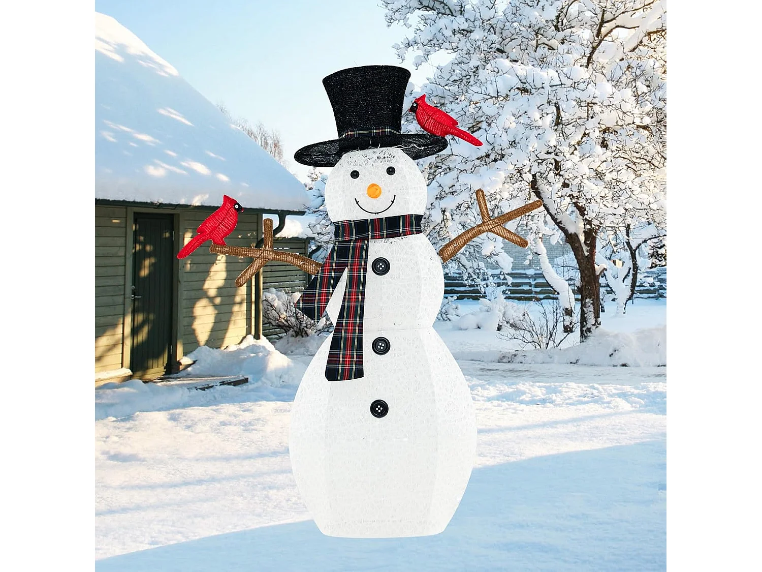 Bonhomme de neige de noël et oiseau rouge artificiel illuminé de 127cm, 70 lumières led