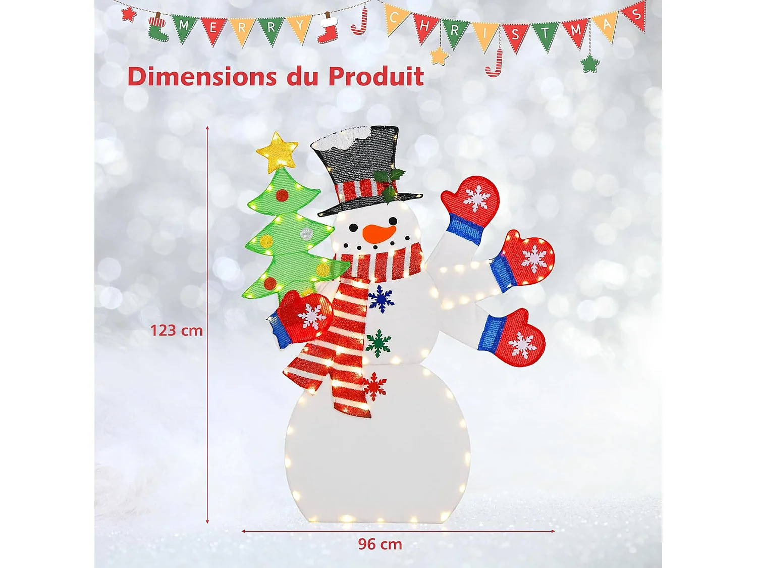Bonhomme de neige de noël et oiseau rouge artificiel illuminé de 127cm, 70 lumières led