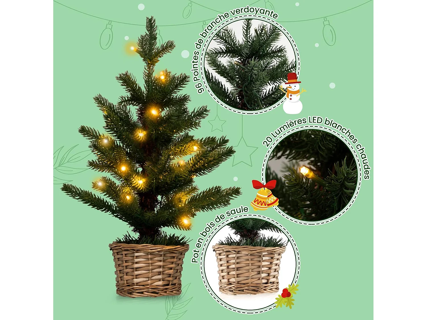 Mini sapin de noël artificiel pré-éclairé, sapin de table avec 96 branches,20 lumières led