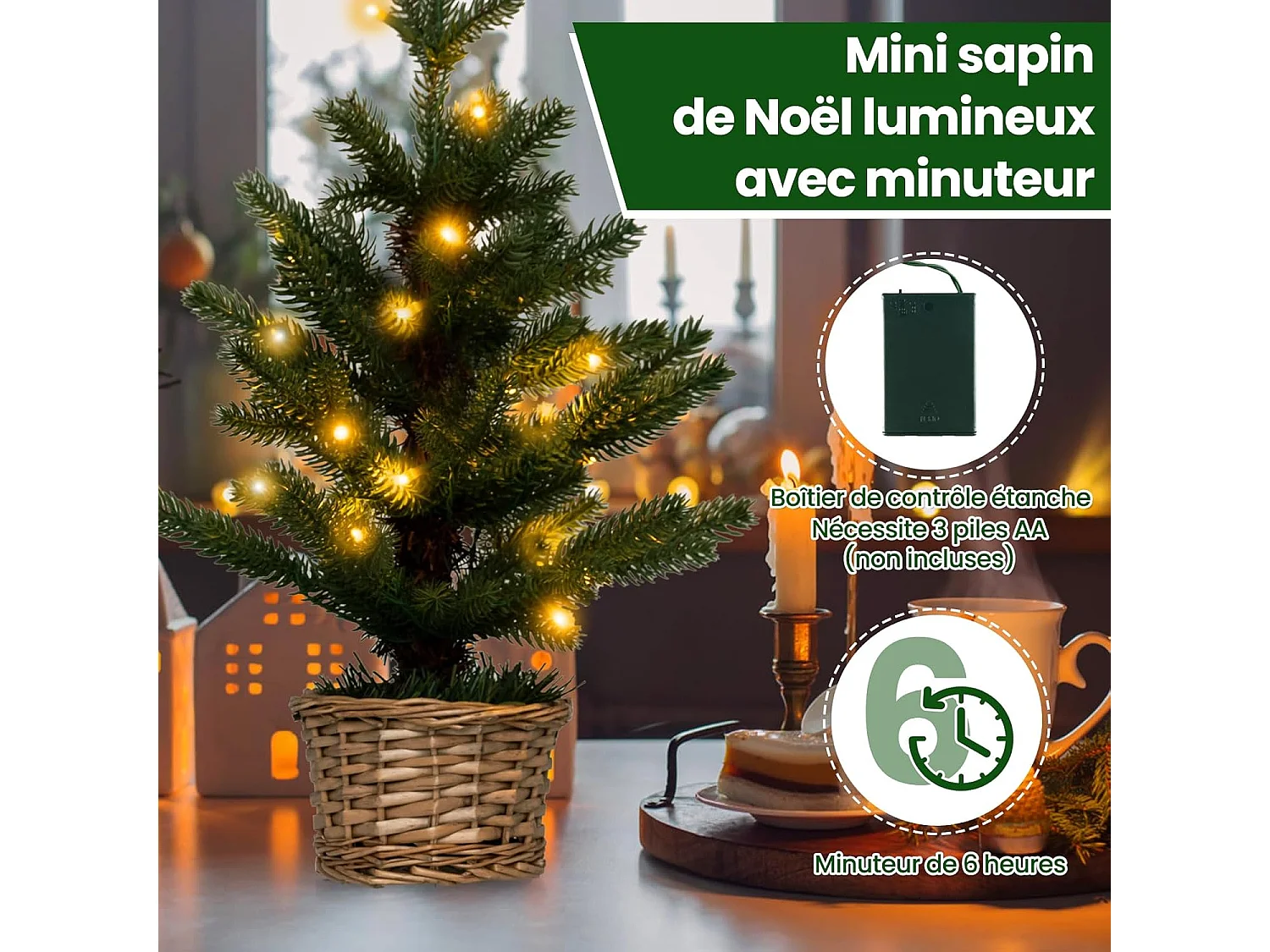Mini sapin de noël artificiel pré-éclairé, sapin de table avec 96 branches,20 lumières led