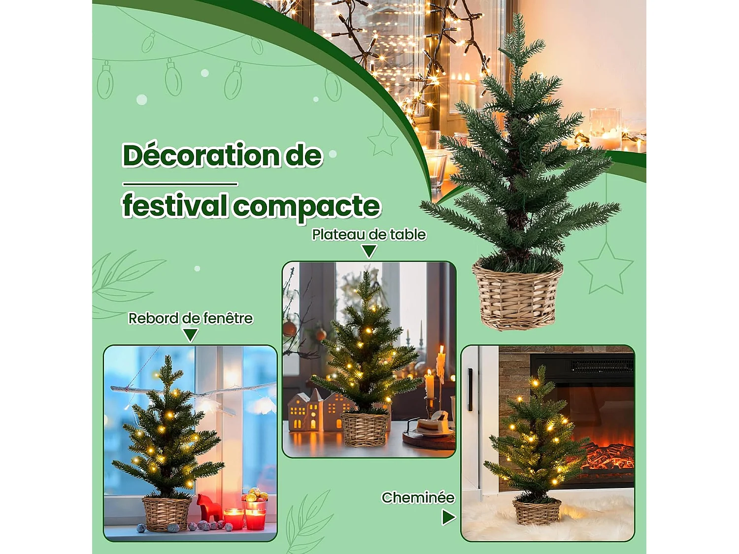 Mini sapin de noël artificiel pré-éclairé, sapin de table avec 96 branches,20 lumières led