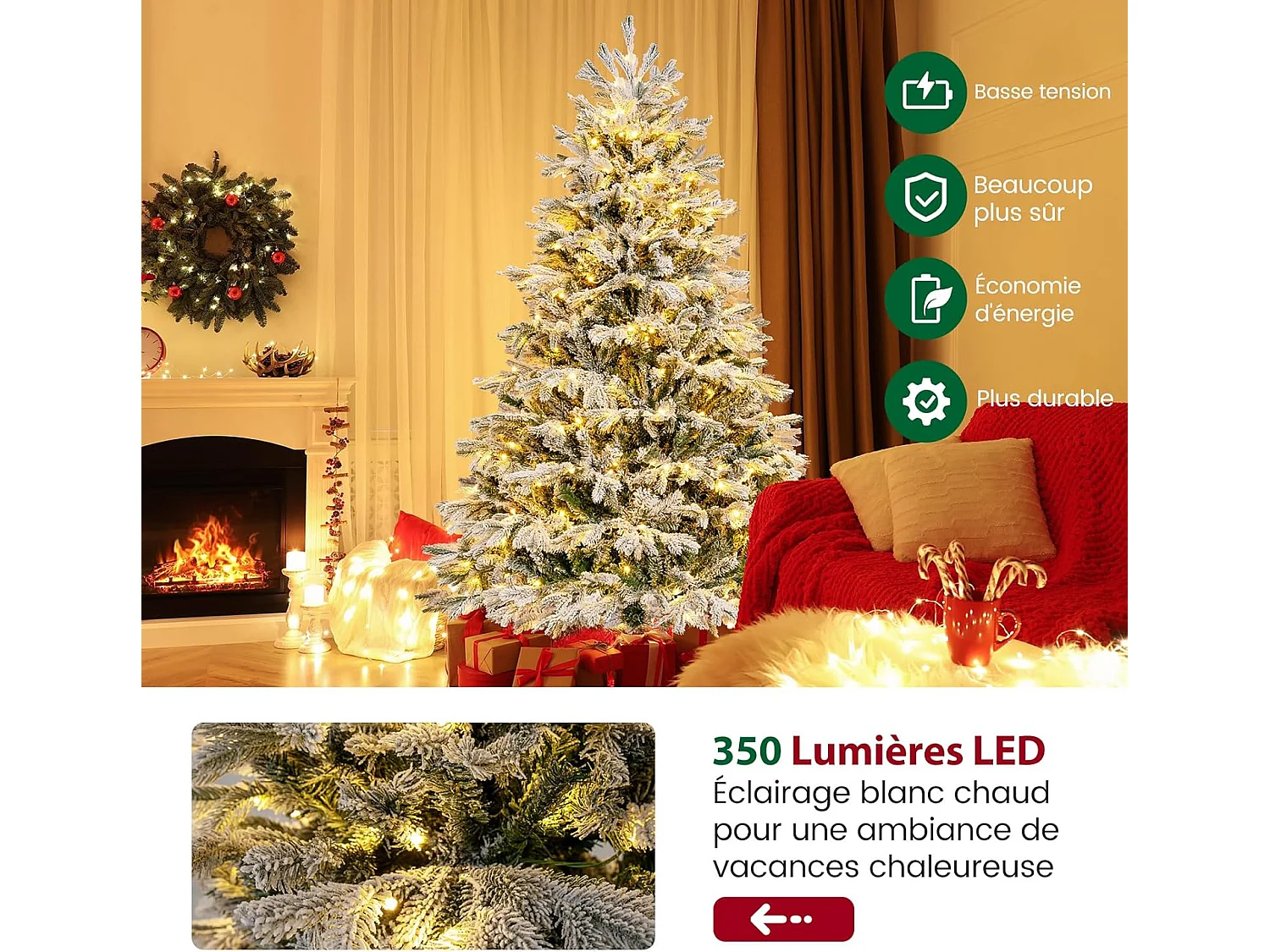 Sapin de noël artificiel 180 cm, charnières avec 1022 branches & 350 lumières led,