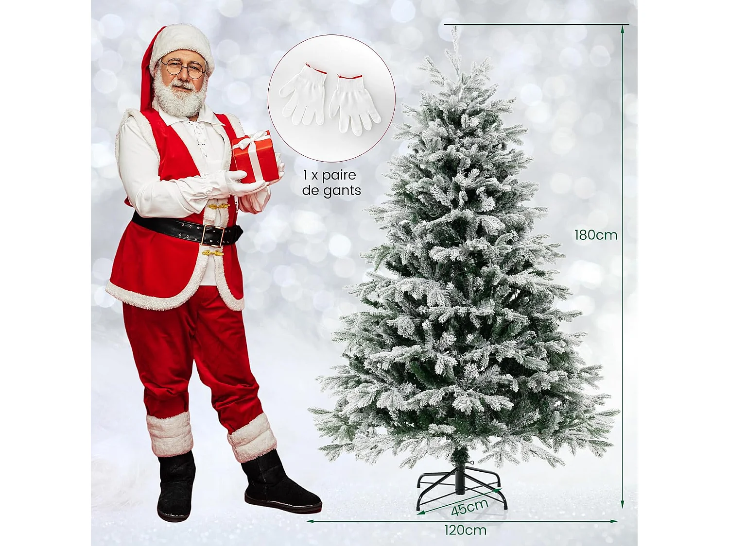 Sapin de noël artificiel 180 cm, charnières avec 1022 branches & 350 lumières led,