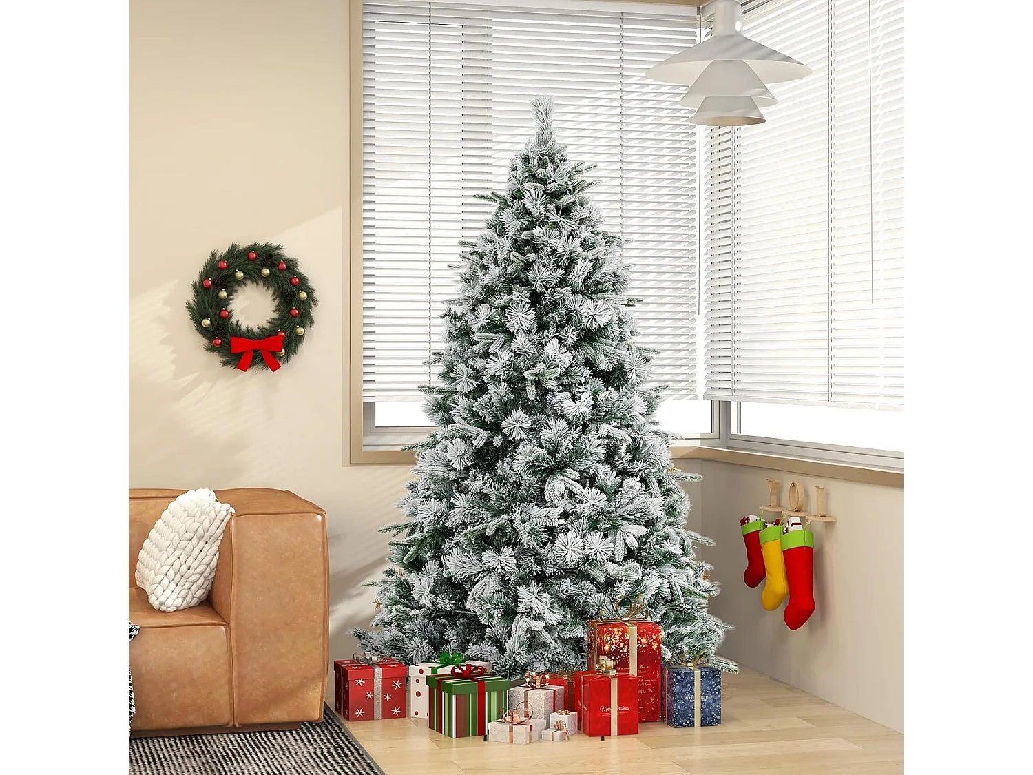 Sapin de Noël Artificiel de 186 cm Lumineux LED, Floqué avec 250 Lumières LED Blanches Chaudes & 752 Branches Mixtes, Facile à Monter