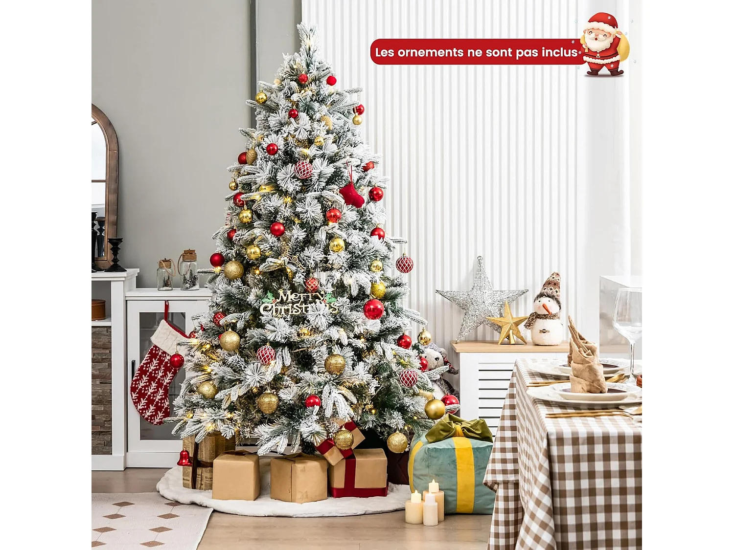 Sapin de Noël Artificiel de 186 cm Lumineux LED, Floqué avec 250 Lumières LED Blanches Chaudes & 752 Branches Mixtes, Facile à Monter