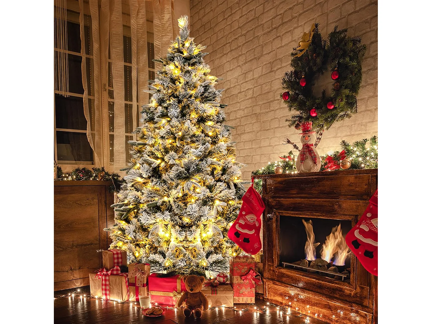 Sapin de Noël Artificiel de 186 cm Lumineux LED, Floqué avec 250 Lumières LED Blanches Chaudes & 752 Branches Mixtes, Facile à Monter