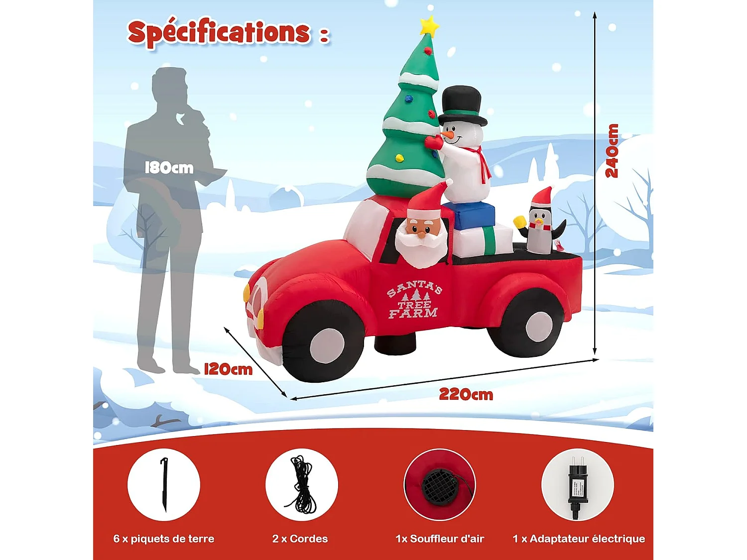 240 cm père noël gonflable avec voiture, bonhomme de neige et pingouin, avec lumières led