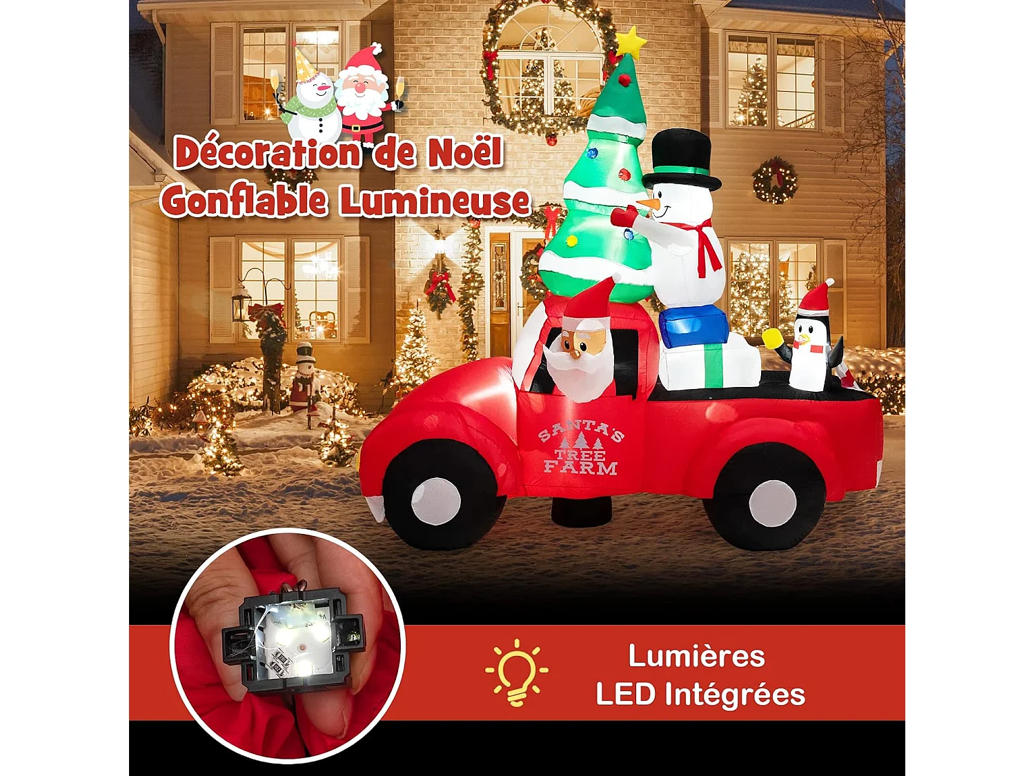 240 cm père noël gonflable avec voiture, bonhomme de neige et pingouin, avec lumières led