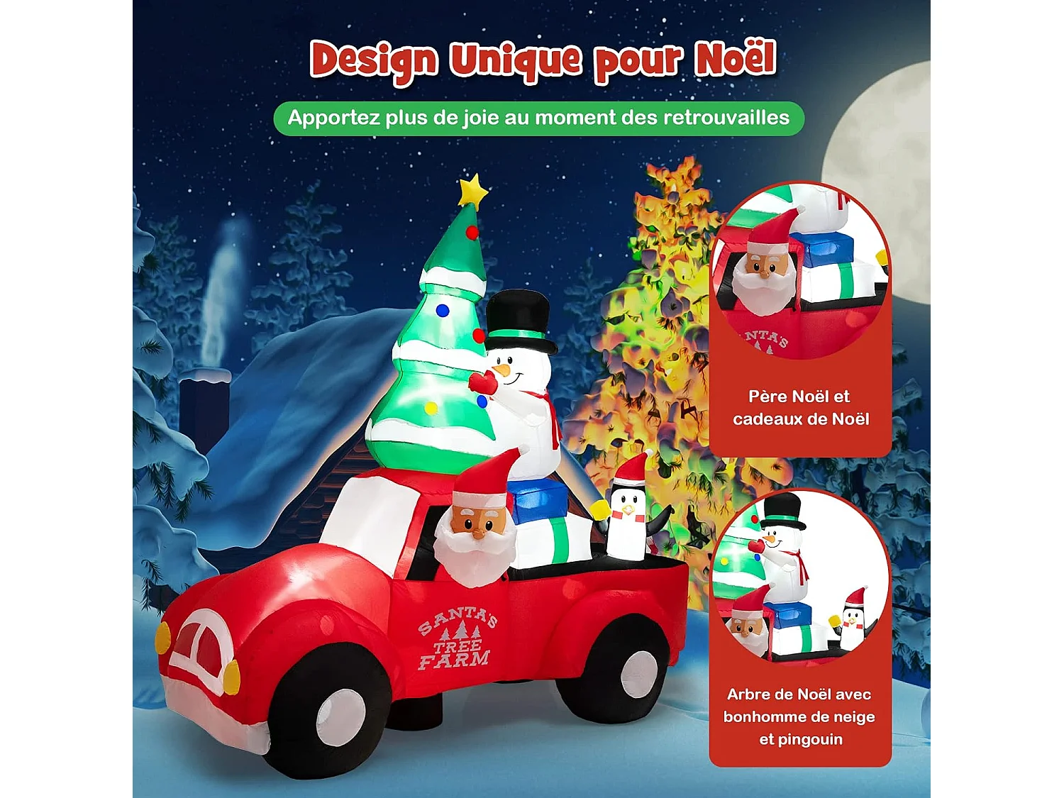 240 cm père noël gonflable avec voiture, bonhomme de neige et pingouin, avec lumières led