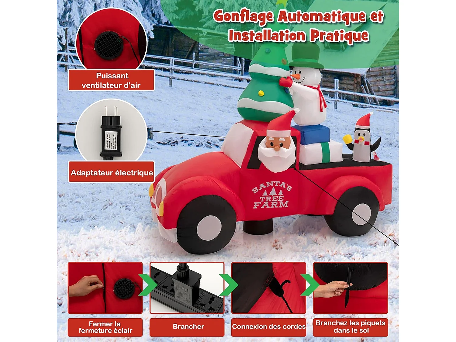 240 cm père noël gonflable avec voiture, bonhomme de neige et pingouin, avec lumières led