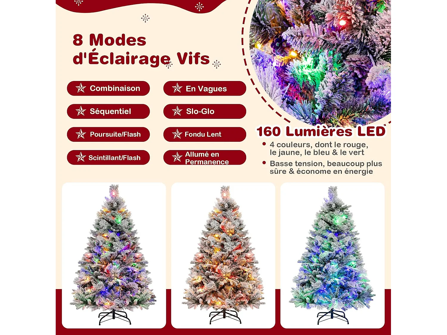 Sapin de noël artificiel avec lumières led et fonction minuterie, vert (135 cm)