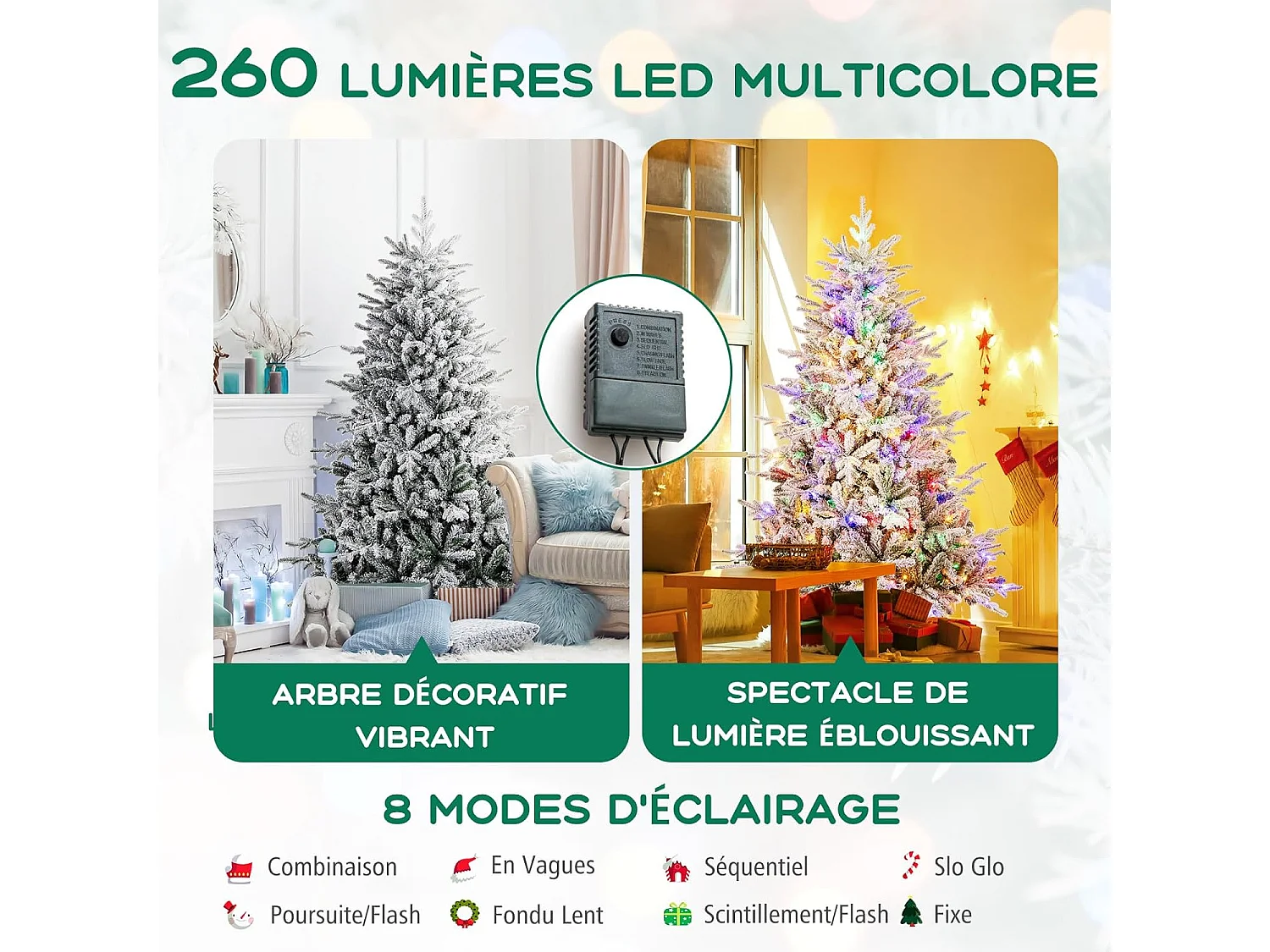 Sapin de noël 186 cm, 8 modes d'eclairage, led multicolores, 820 branches articulées
