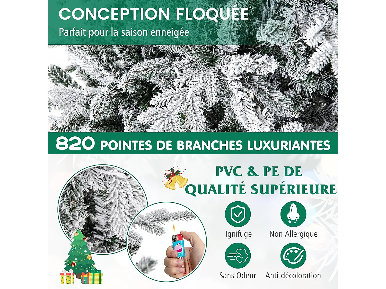 Sapin de noël 186 cm, 8 modes d'eclairage, led multicolores, 820 branches articulées