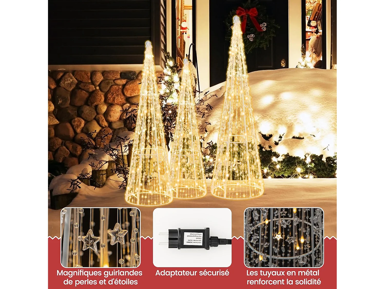 Lot de 3 cônes de noël pré-éclairés avec 90 lumières led blanc chaud