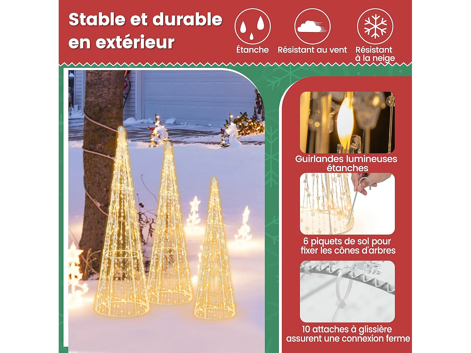 Lot de 3 cônes de noël pré-éclairés avec 90 lumières led blanc chaud