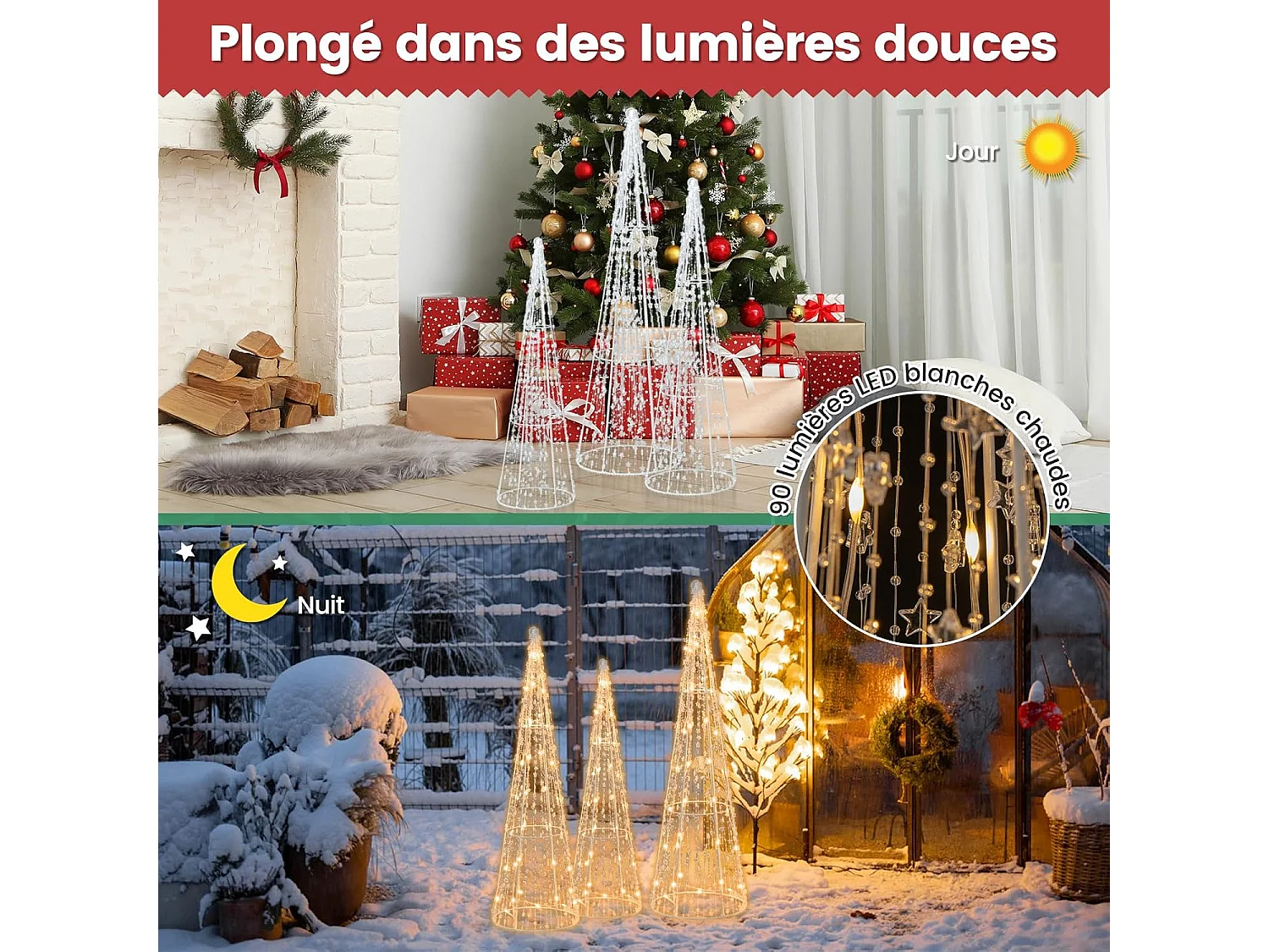 Lot de 3 cônes de noël pré-éclairés avec 90 lumières led blanc chaud