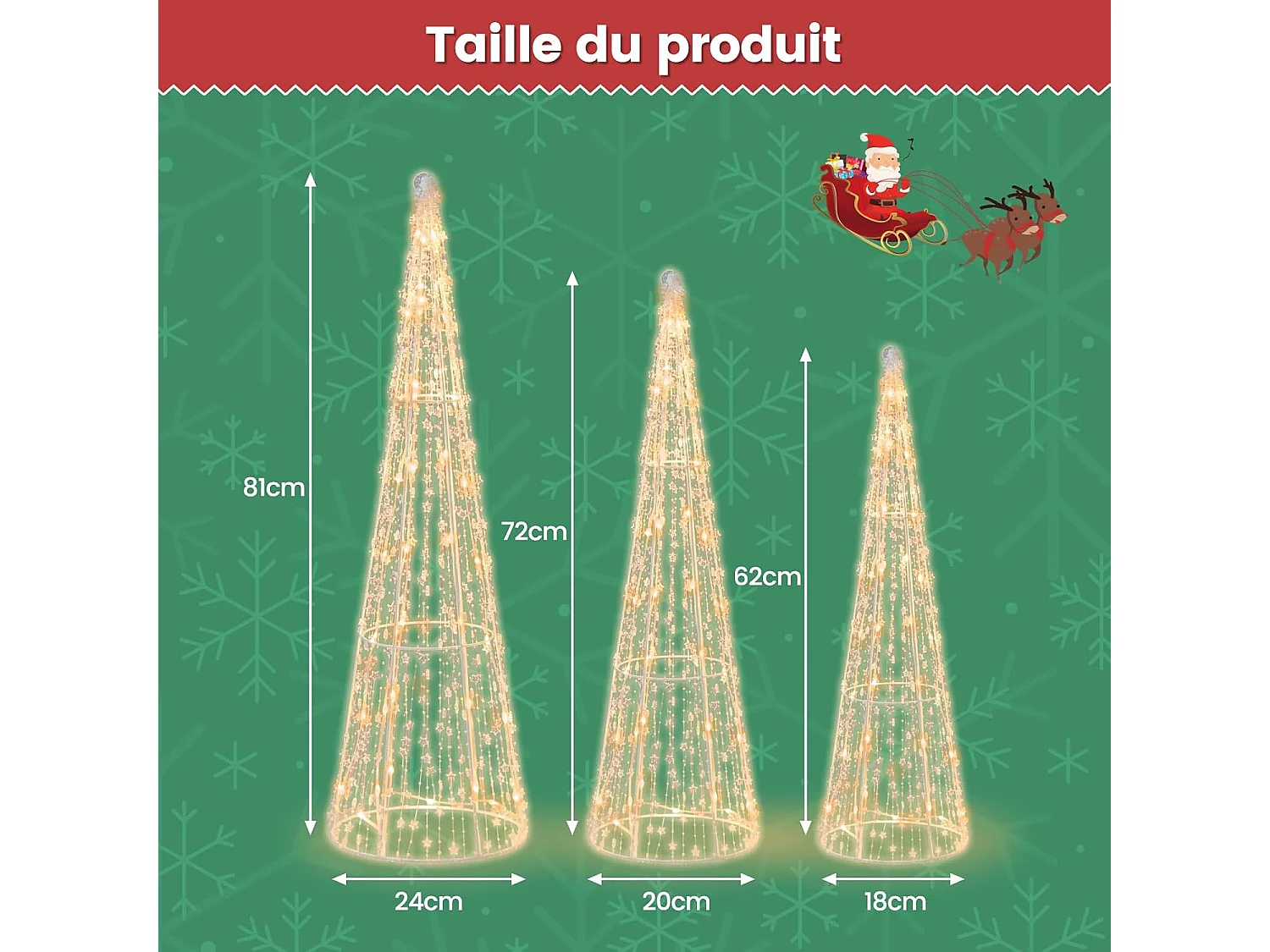 Lot de 3 cônes de noël pré-éclairés avec 90 lumières led blanc chaud