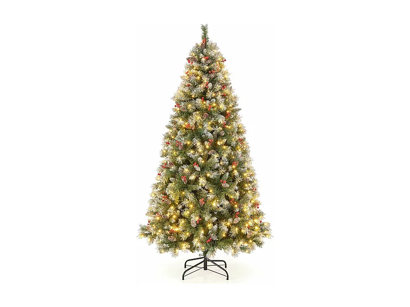 Kerstboom 195 cm, 909 gelede takken met 420 warmwitte LED's, 8 lampjes, rode bessen en dennenappels, kerstboom voor feestdagen (195 cm)