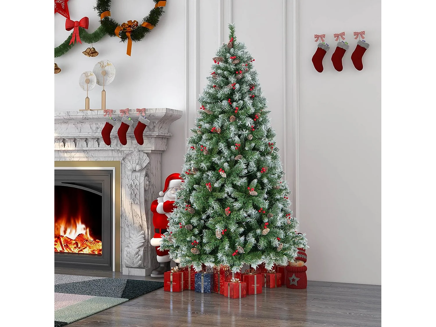 Sapin de Noël 195 cm, 909 Branches Articulées avec 420 LED Blanc Chaud, 8 Éclairage, Baies Rouges & Pommes de Pin, Arbre de Noël pour Fêtes (195cm)