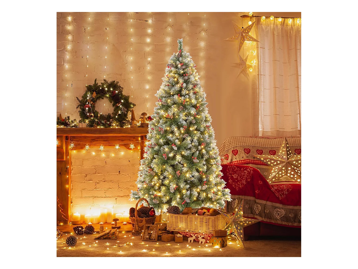 Sapin de Noël 195 cm, 909 Branches Articulées avec 420 LED Blanc Chaud, 8 Éclairage, Baies Rouges & Pommes de Pin, Arbre de Noël pour Fêtes (195cm)