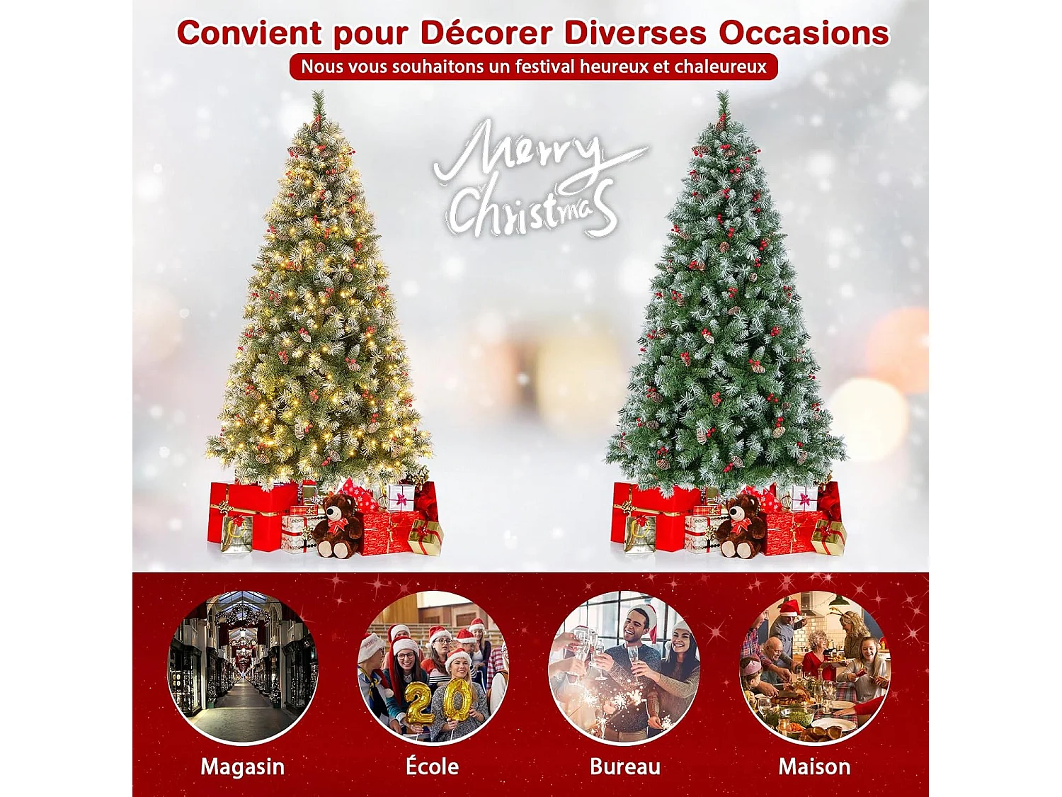 Sapin de Noël 195 cm, 909 Branches Articulées avec 420 LED Blanc Chaud, 8 Éclairage, Baies Rouges & Pommes de Pin, Arbre de Noël pour Fêtes (195cm)