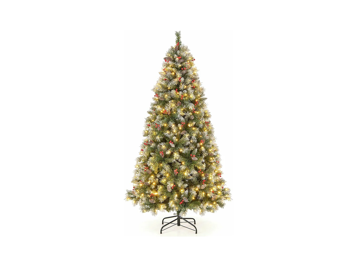 Sapin de Noël 195 cm, 909 Branches Articulées avec 420 LED Blanc Chaud, 8 Éclairage, Baies Rouges & Pommes de Pin, Arbre de Noël pour Fêtes (195cm)