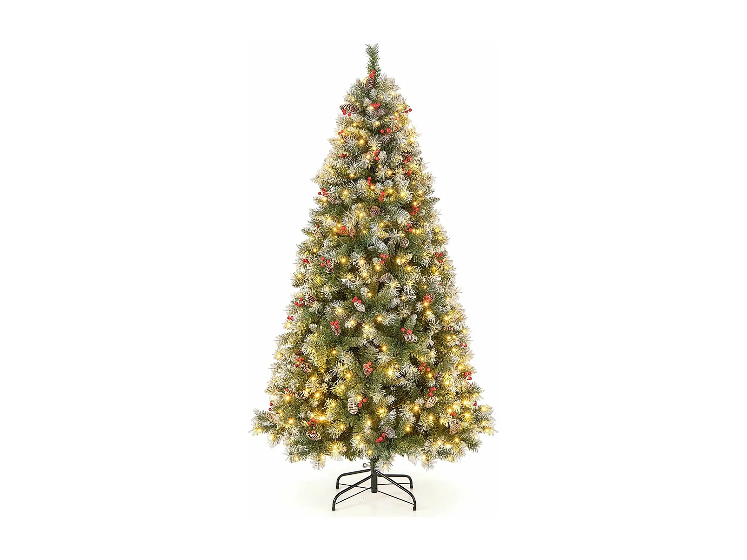 Sapin de Noël 195 cm, 909 Branches Articulées avec 420 LED Blanc Chaud, 8 Éclairage, Baies Rouges & Pommes de Pin, Arbre de Noël pour Fêtes (195cm)