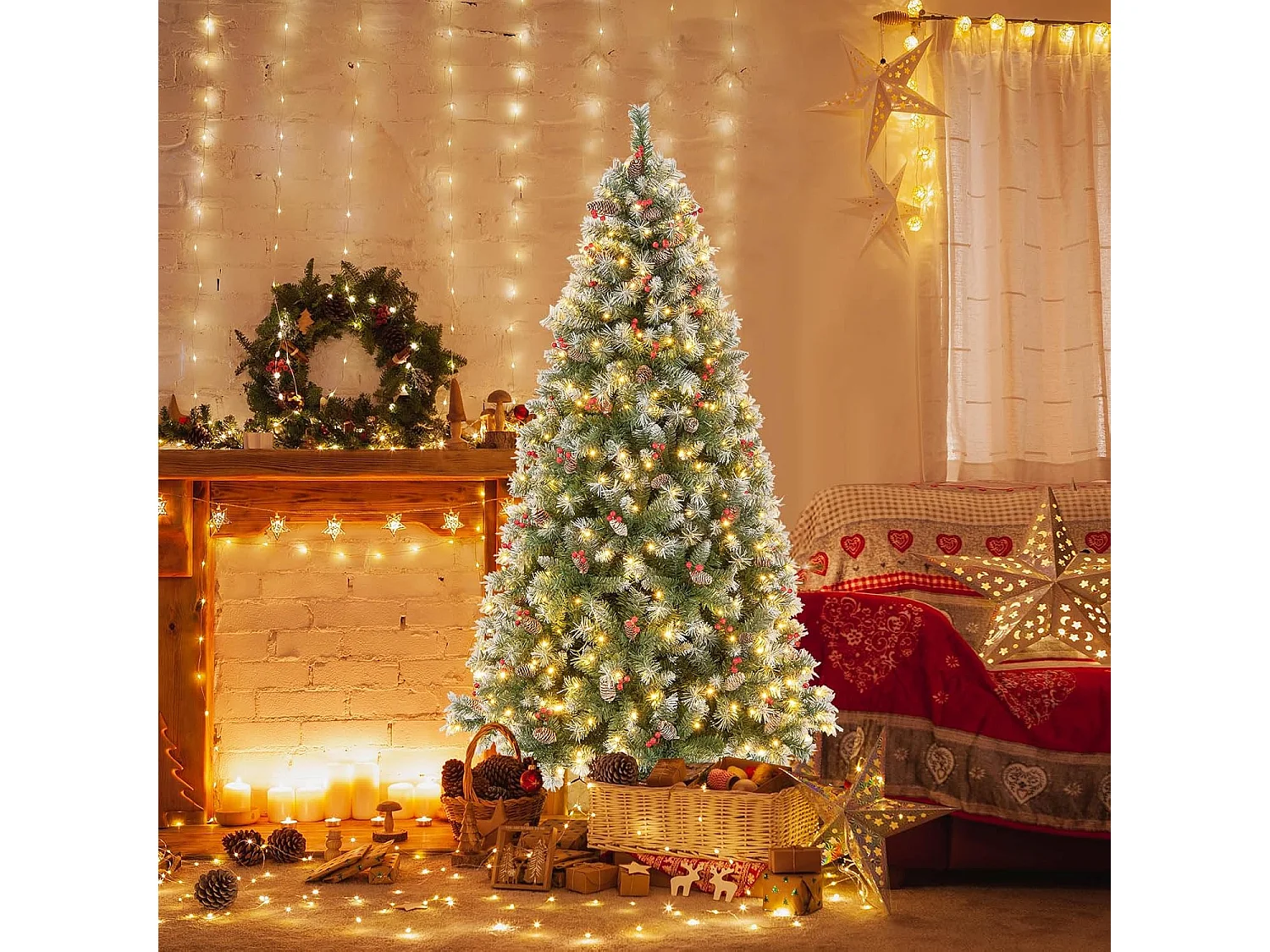 Sapin de Noël 195 cm, 909 Branches Articulées avec 420 LED Blanc Chaud, 8 Éclairage, Baies Rouges & Pommes de Pin, Arbre de Noël pour Fêtes (195cm)