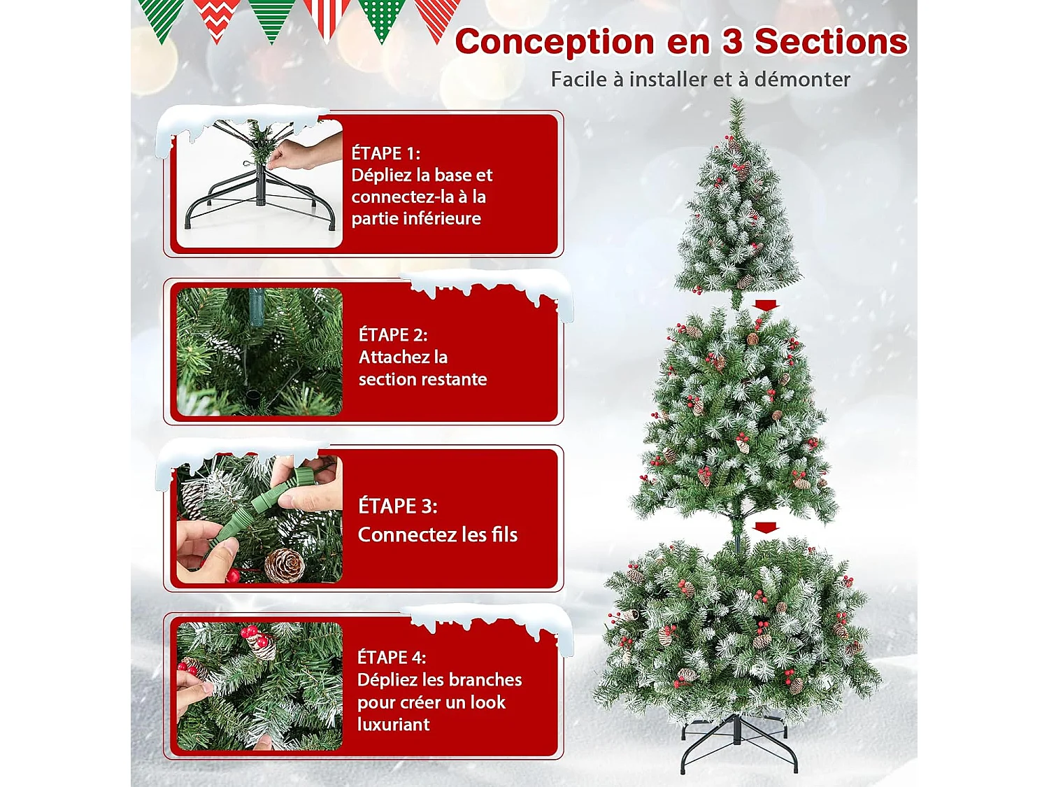 Sapin de Noël 195 cm, 909 Branches Articulées avec 420 LED Blanc Chaud, 8 Éclairage, Baies Rouges & Pommes de Pin, Arbre de Noël pour Fêtes (195cm)
