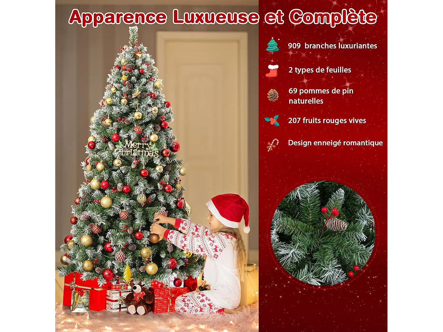Sapin de Noël 195 cm, 909 Branches Articulées avec 420 LED Blanc Chaud, 8 Éclairage, Baies Rouges & Pommes de Pin, Arbre de Noël pour Fêtes (195cm)