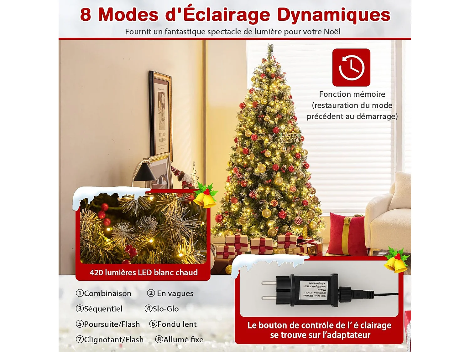 Sapin de Noël 195 cm, 909 Branches Articulées avec 420 LED Blanc Chaud, 8 Éclairage, Baies Rouges & Pommes de Pin, Arbre de Noël pour Fêtes (195cm)