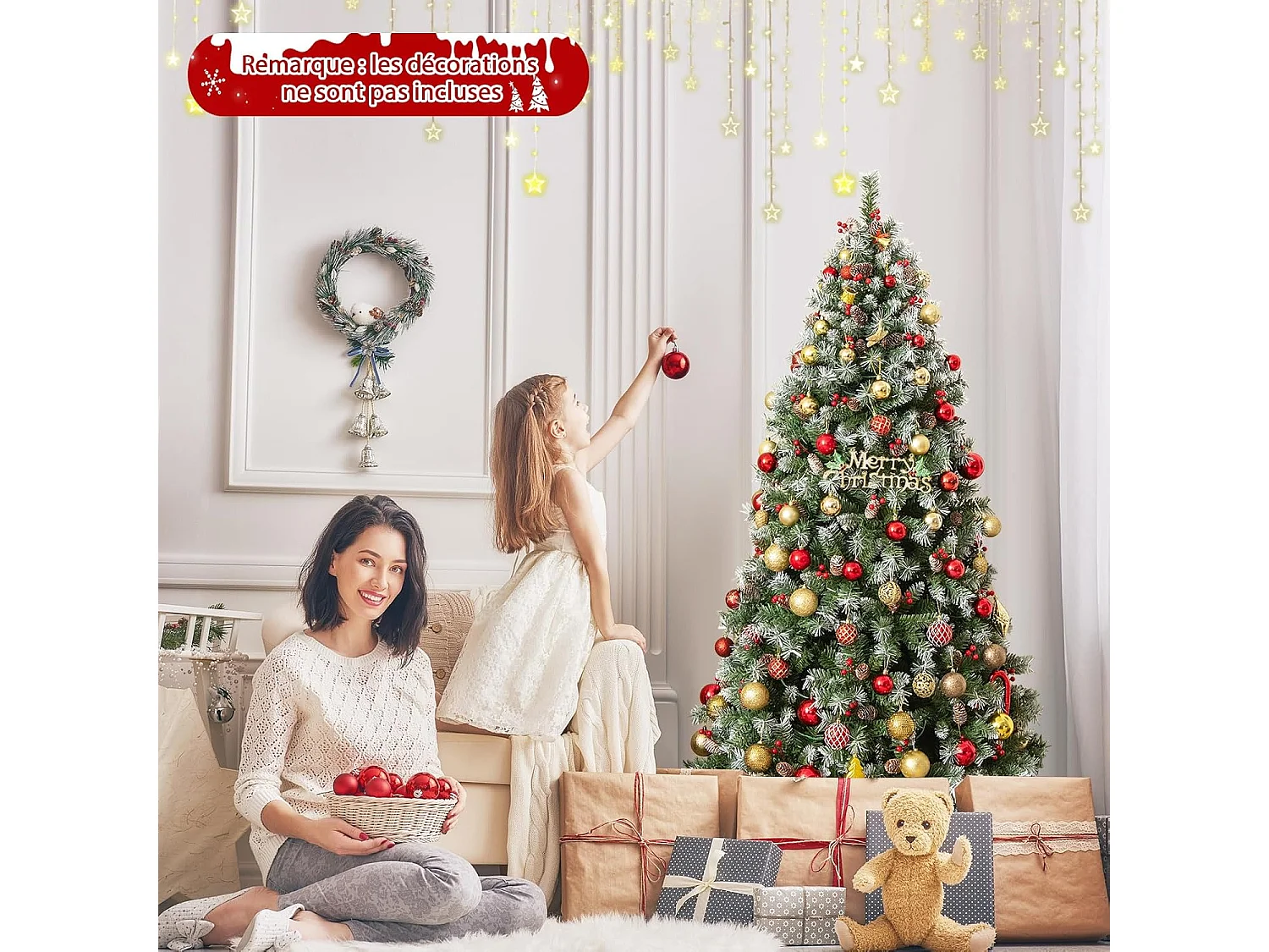 Sapin de Noël 195 cm, 909 Branches Articulées avec 420 LED Blanc Chaud, 8 Éclairage, Baies Rouges & Pommes de Pin, Arbre de Noël pour Fêtes (195cm)