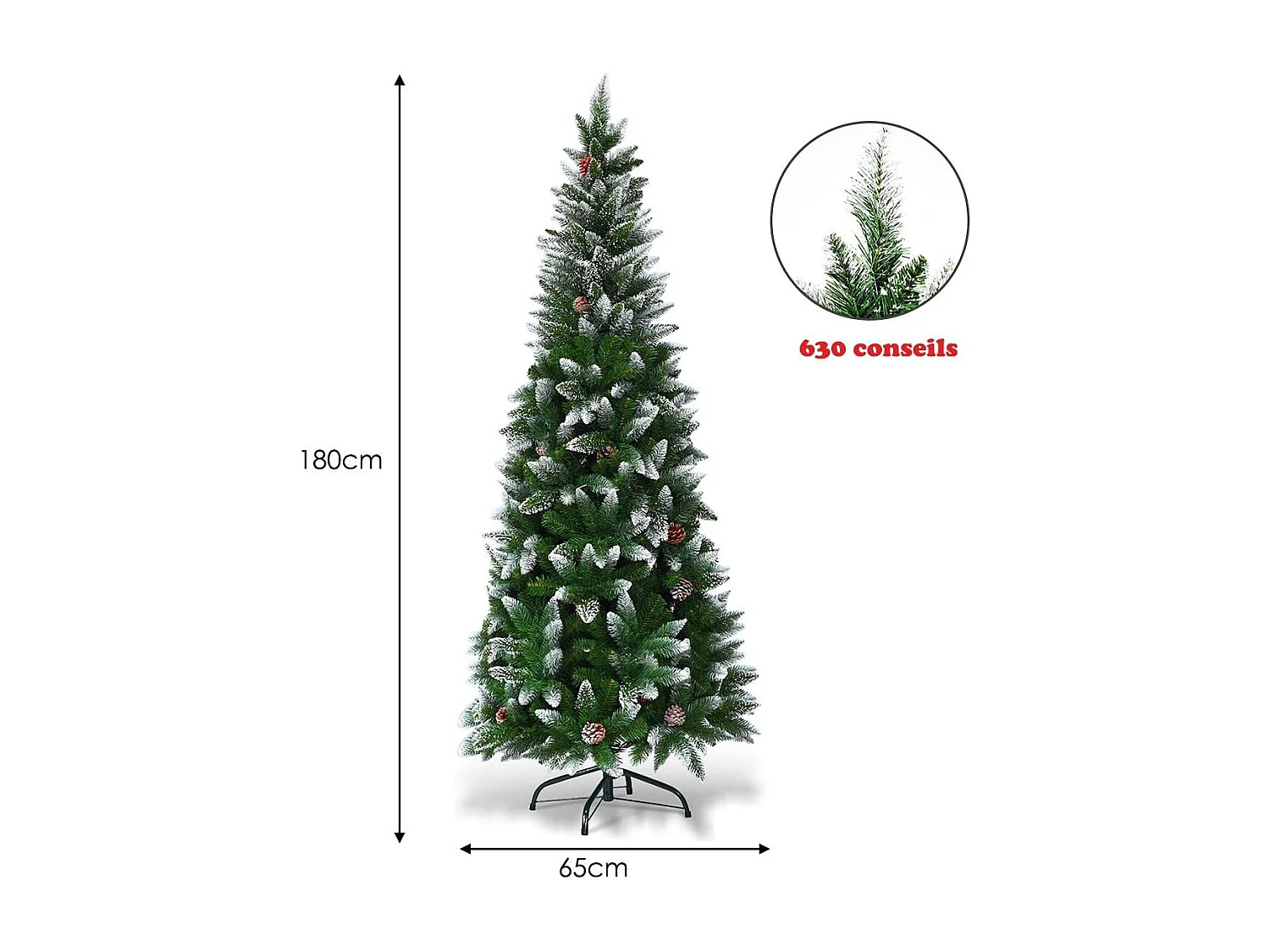 Arbre de noël artificiel 180cm aiguilles en pvc avec neige,630 branches vert